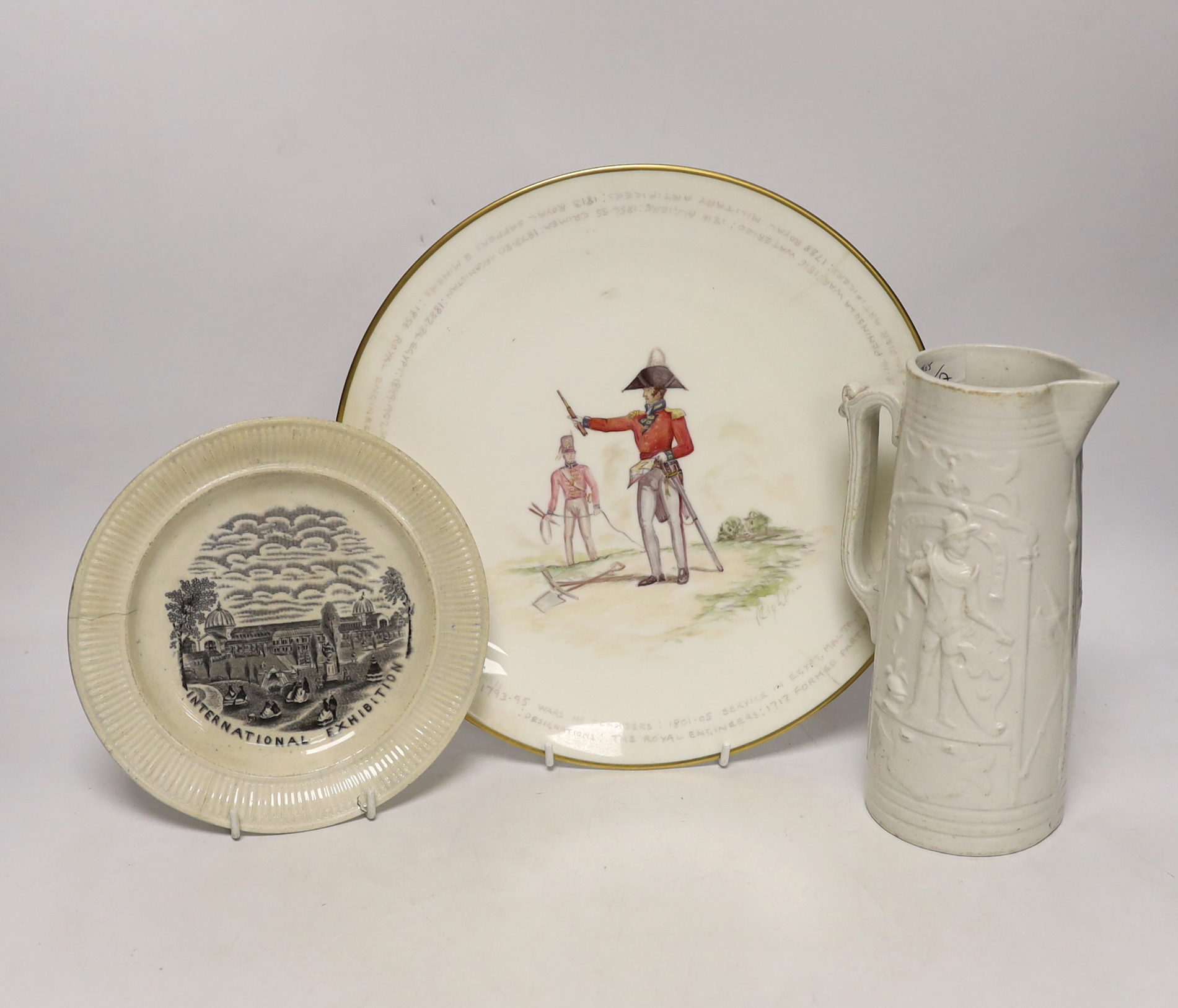 International Exhibition souvenir nursery plate 1862, a Royal Engineers plate and a jug, 20cm